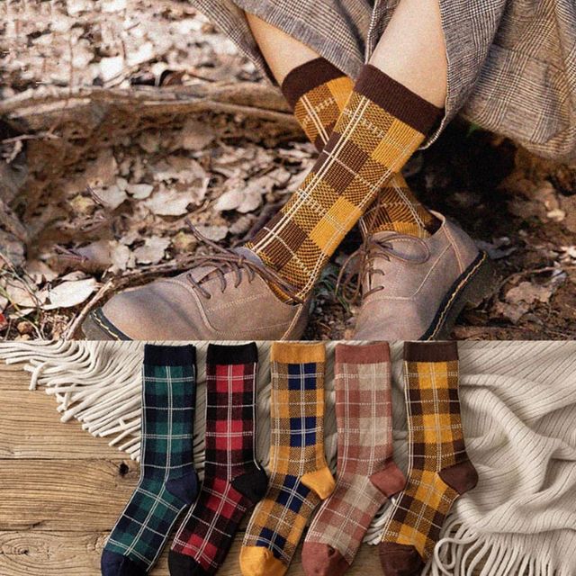 키밍 따뜻한 체크 패턴 긴목 양말 기모 보온 방한 학생용