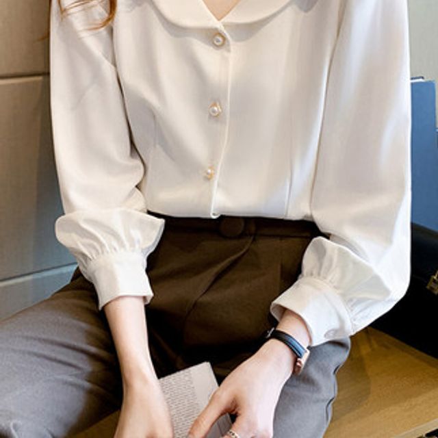 [해외] 이른 가을 인형넥 화이트 셔츠 여성복 2021년 신상 블
