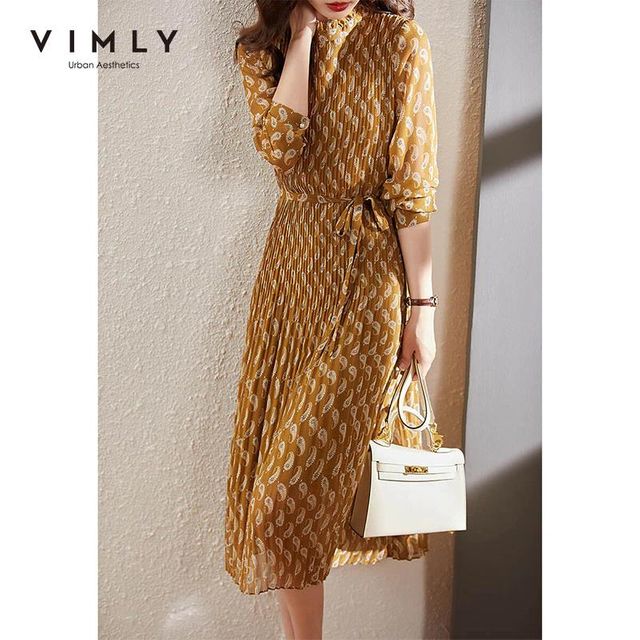 [해외] 여성을위한 VIMLY 꽃 쉬폰 Pleated 드레스 가을 2021