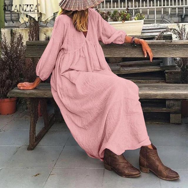 [해외] 세련된 퍼프 슬리브 V 넥 맥시 롱 드레스 ZANZEA 여성
