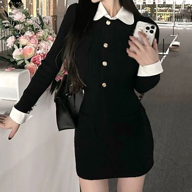 카라 페이크레이어드 금장버튼 블랙미니원피스 NF-16