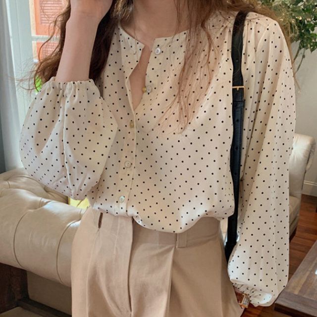 퍼프 소매 쉬폰 도트 블라우스 OSM-1006212