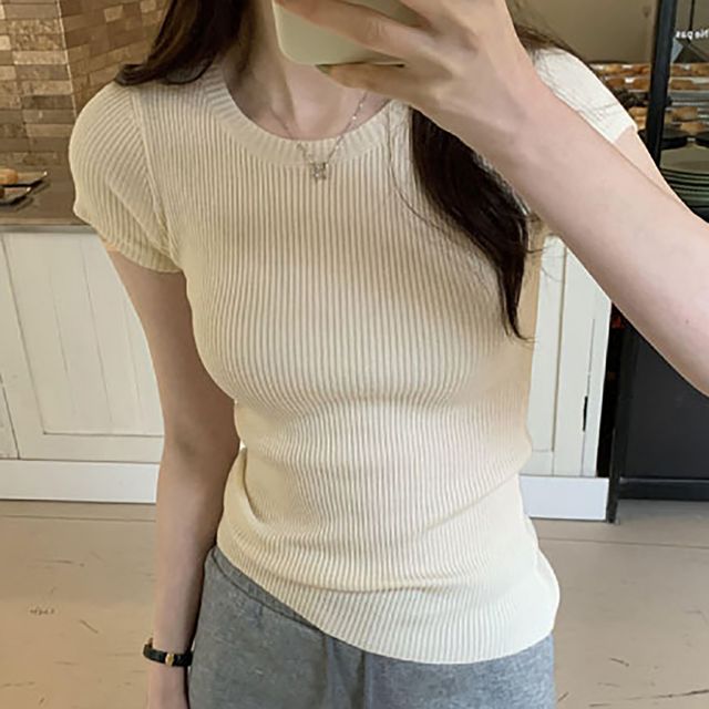 라운드 캡소매 슬림 반팔 골지니트티 NF-1