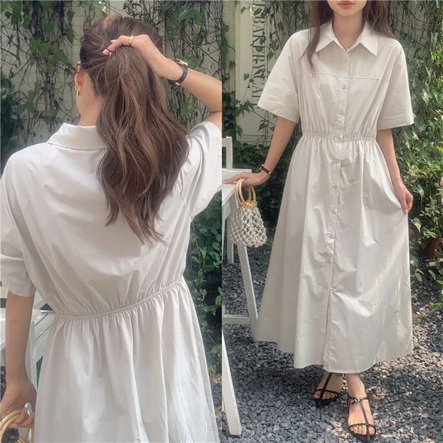 카라 밴딩 플레어 셔츠 원피스 LL-1002594