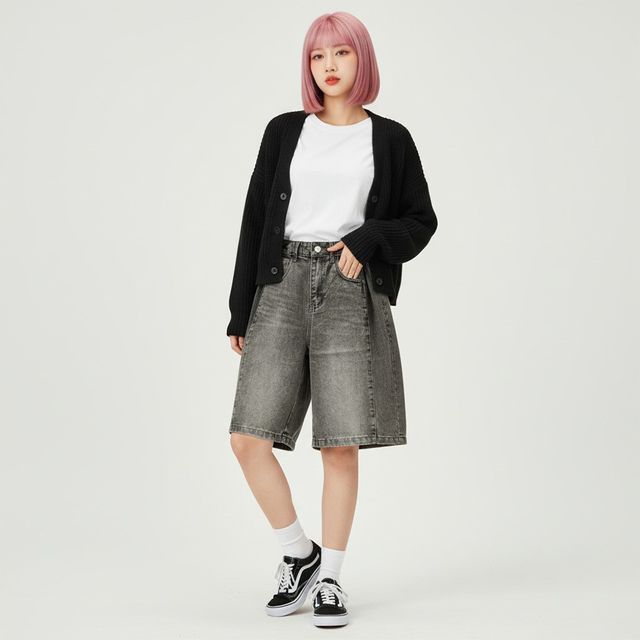 덴작 사이드절개 핀턱 데님 버뮤다 5부 7부 SD-260308