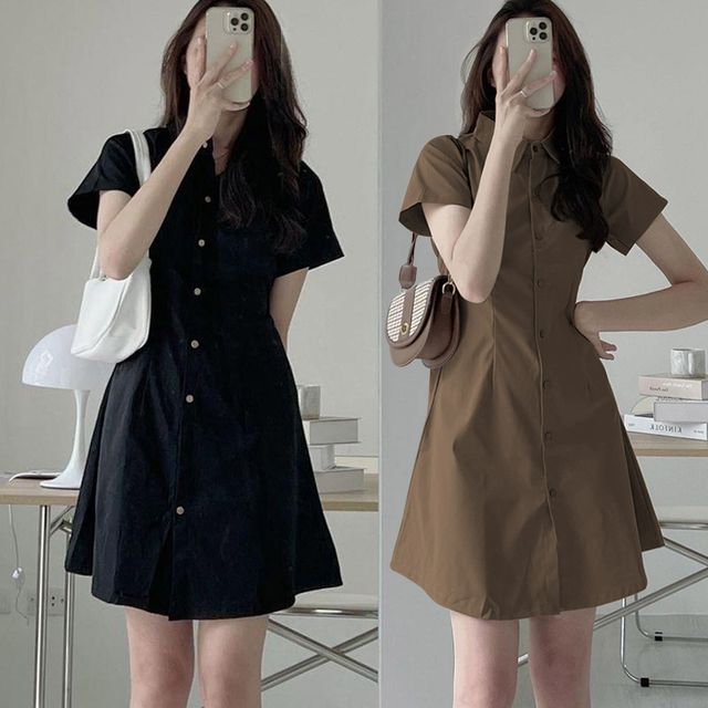 여자 슬림 미니 스타일 카라 반팔 원피스 URK-491