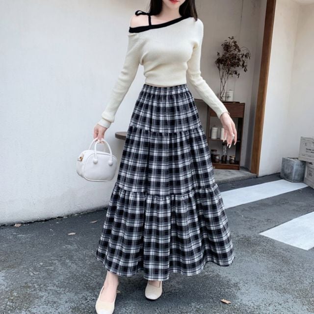 A라인 체크 밴딩 롱스커트 SNY-1004945