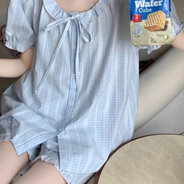 리본체크프릴 반팔 파자마 세트 JSC-d0097