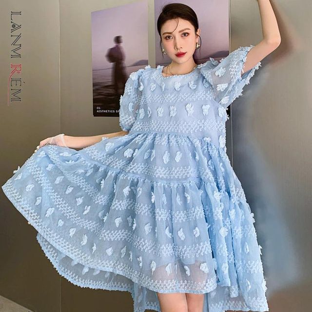 [해외] LANMREM 여성 꽃 짧은 퍼프 슬리브 메쉬 드레스 블루
