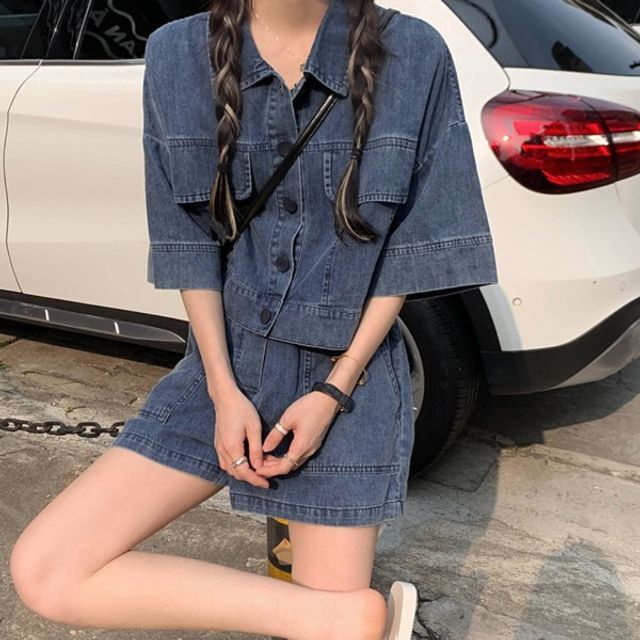 여성 반팔 데님 투피스 셋업 반바지 코디 세트