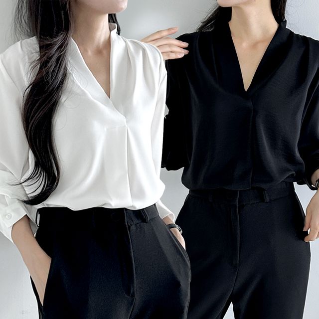 브이넥 쉬폰 블라우스 오피스룩 정장셔츠 하객룩