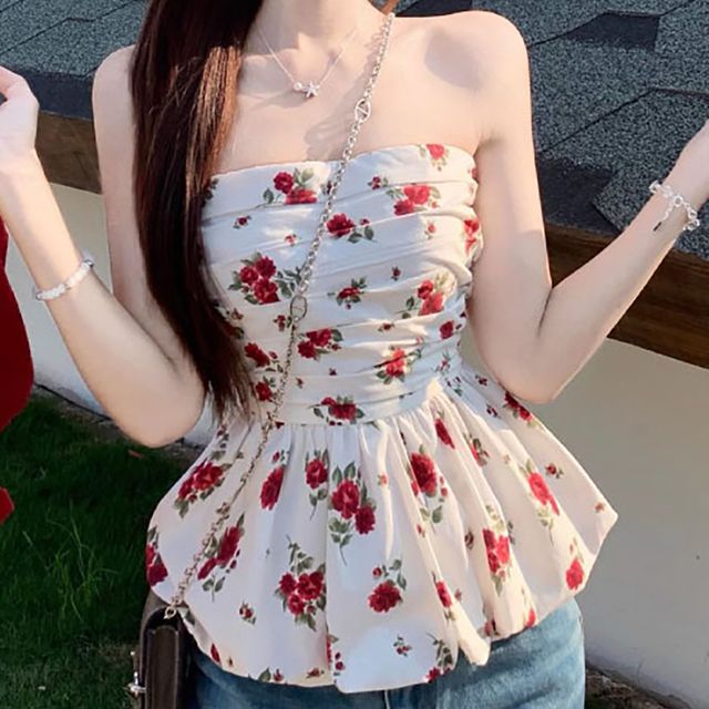 오프숄더 스모크 주름 플레어 플라워블라우스 NF-35