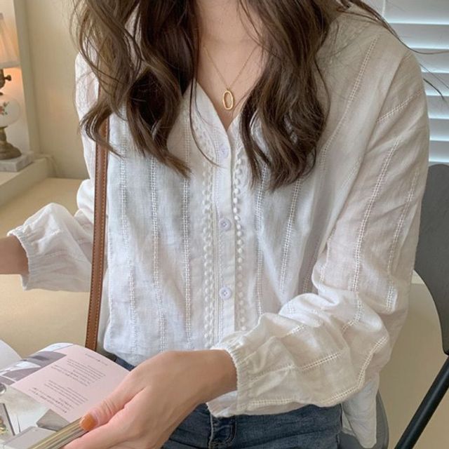 브이넥 거즈면 블라우스 OSM-1007026