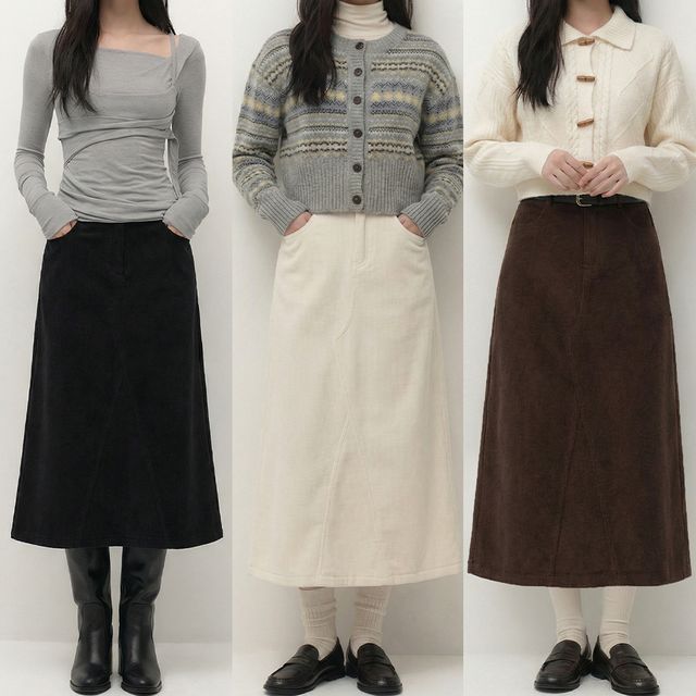 밑단 포인트 플리스기모 코듀로이 A라인 롱스커트 JEB-1006488