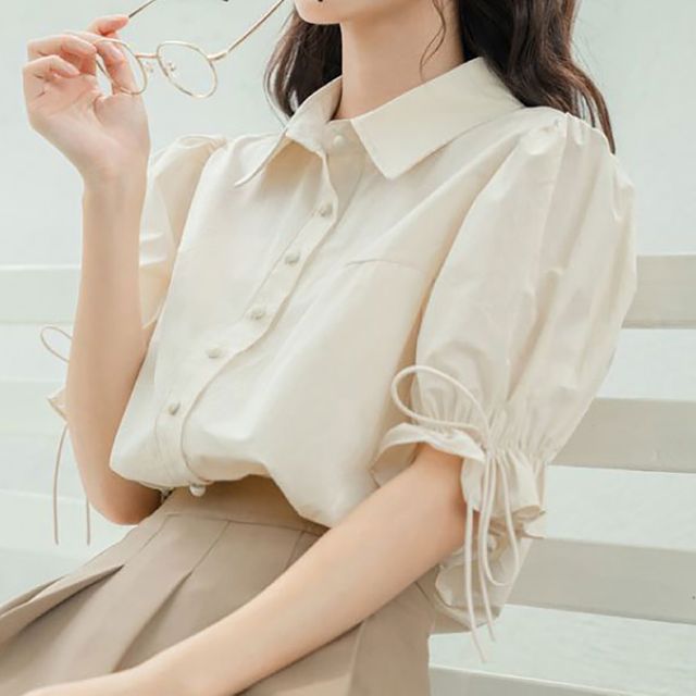 카라 퍼프소매 밴딩 스트링 반팔셔츠블라우스 NF-55