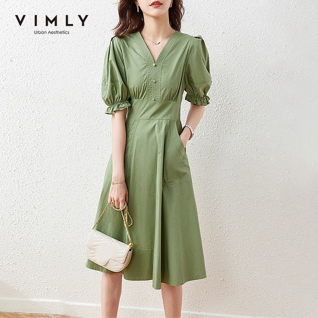 [해외] 여성용 VIMLY 그린 드레스 2021 여름 V 넥 랜턴 슬리