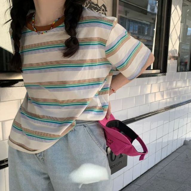 파스텔 스트라이프 루즈핏 반팔티 SEG-1008474