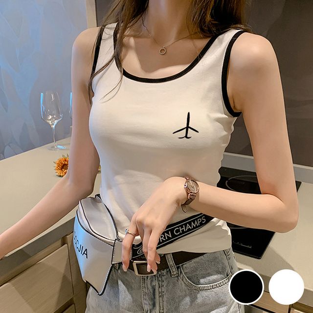 배색 라인 비행기 모양 나시 티셔츠 URD-524