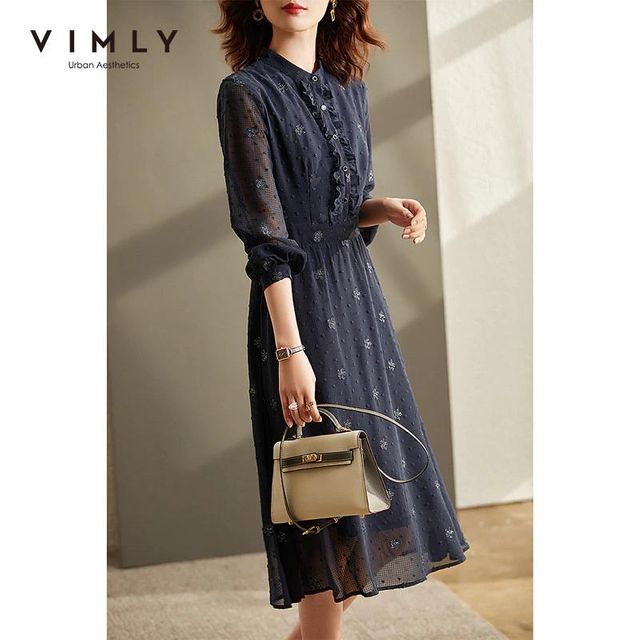[해외] VIMLY-우아한 a라인 자수 스탠드 칼라 미디 드레스 F8