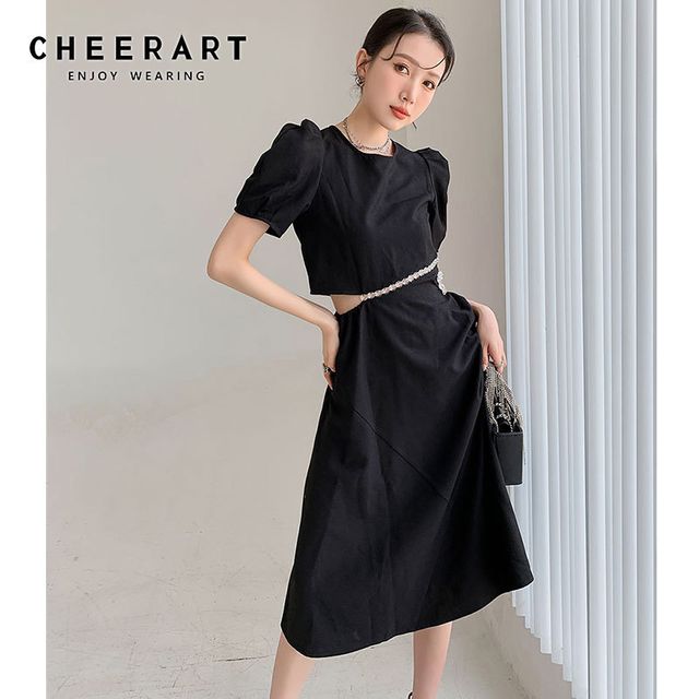 [해외] CHEERART-컷 아웃 퍼프 슬리브 블랙 비즈 드레스 여성