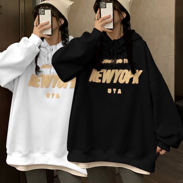 여성 귀여운 오버핏 기모 후드 티셔츠 URK-103