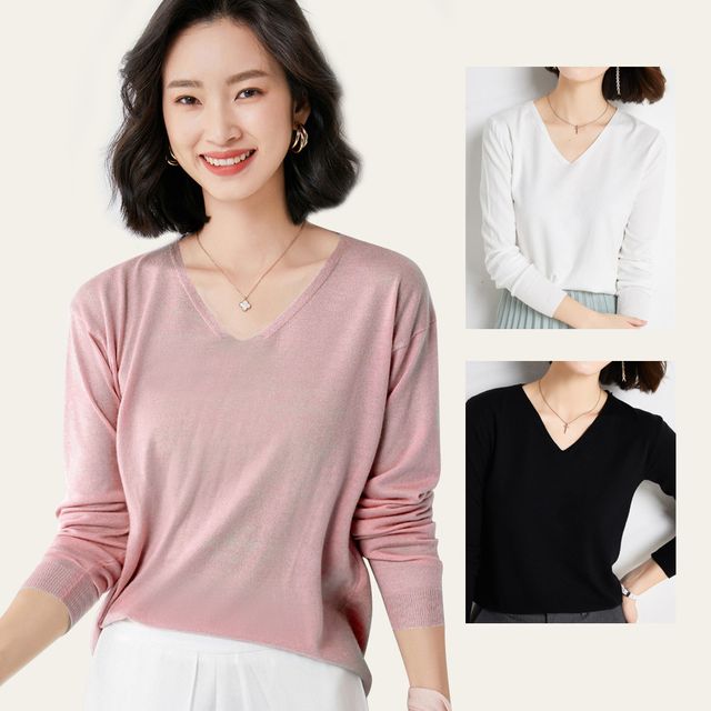 여성 브이넥 니트 간절기 얇은 여리핏 긴팔 티셔츠