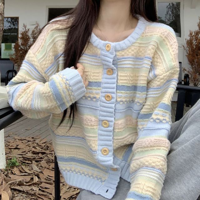 라운드넥 스트라이프 배색 파스텔 가디건 NF-1003343