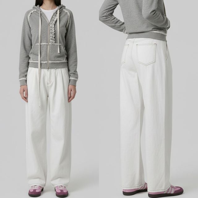 여성 깔끔핏 투핀턱 롱 와이드 화이트 코튼팬츠 JEB-1007453