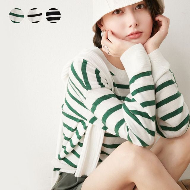 여성 줄무늬 라운드넥 긴팔 니트 티셔츠 루즈핏