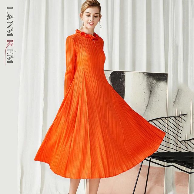 [해외] LANMREM 여성 오렌지 주름 Pleated 드레스 새로운 라