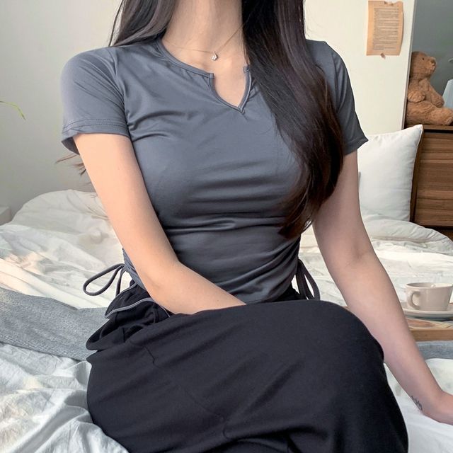 슬림핏 셔링 티셔츠 여성 U넥 무지 스판 반팔티