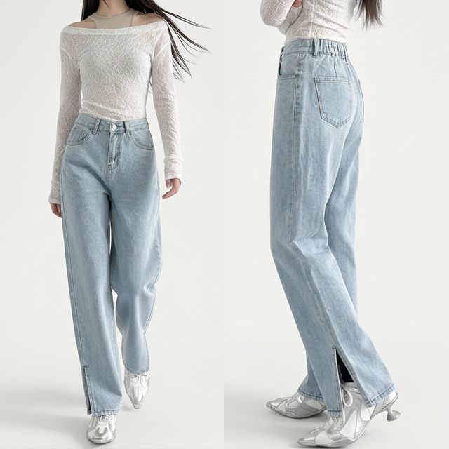 밑단 슬릿 뒷밴딩 세미와이드 데님팬츠 JEB-1006762