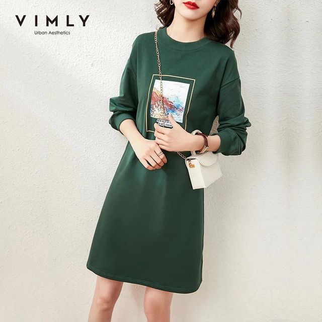 [해외] Vimly-새로운 프린트 O 넥 스웨터 캐주얼 롱 드레스