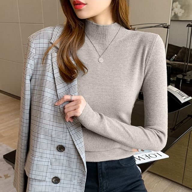 여성 반폴라 니트 슬림핏 얇은 무지 하프넥 긴팔티