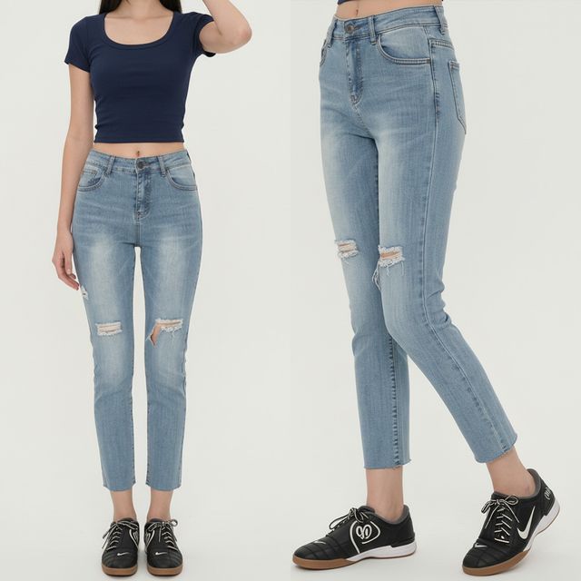 여성 스판 밑단컷팅 찢청 크롭 데님 일자팬츠 JEB-1007061