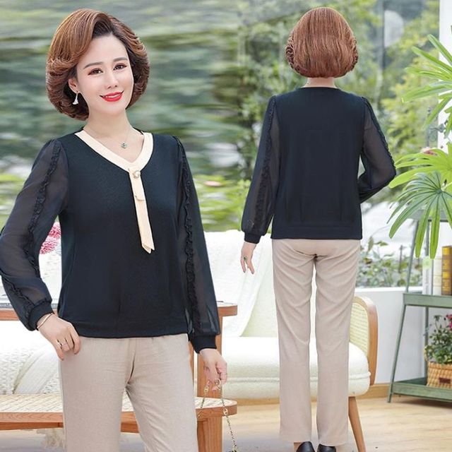 키밍 여름용 중년 여성 쉬폰 긴팔 블라우스 편안한 엄마옷