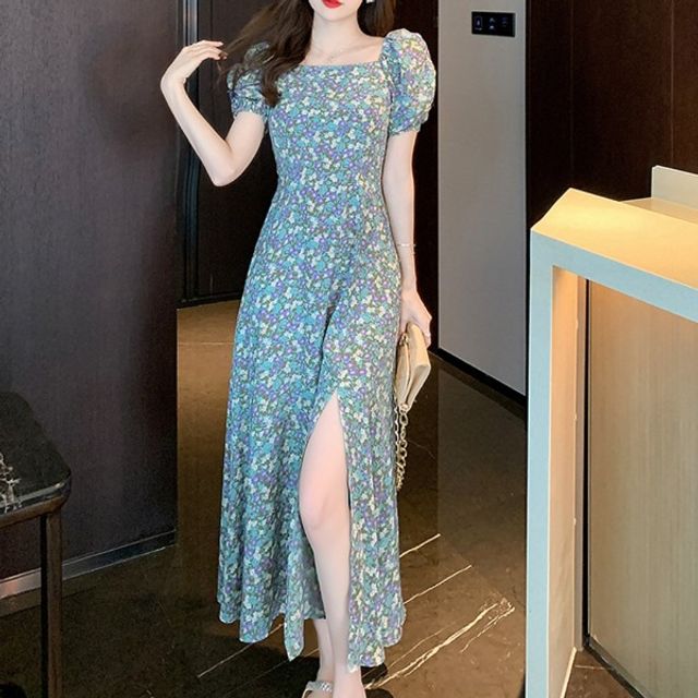 스퀘어넥 플라워 트임 롱 원피스 A라인 퍼프소매