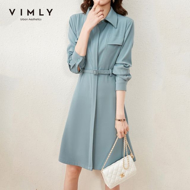 [해외] VIMLY-새로운 빈티지 긴 소매 새시 버튼 업 셔츠 드레