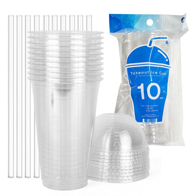 테이크아웃 돔뚜껑 아이스컵 빨대 세트 410ml 10P