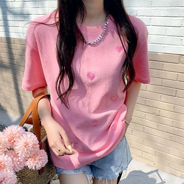 여성 하트 자수 반팔티 URD-007