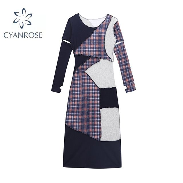 [해외] 우아하고 세련된 빈티지 격자 무늬 라운드 넥 드레스