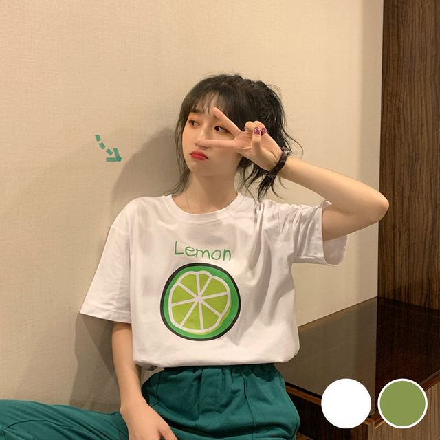 레몬 프린팅 라운드 반팔 티셔츠 URD-534