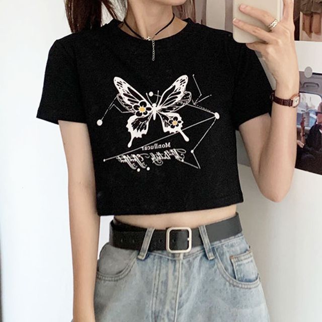 크롭 나비 반팔 티셔츠 2color DK-0429 DK-0429