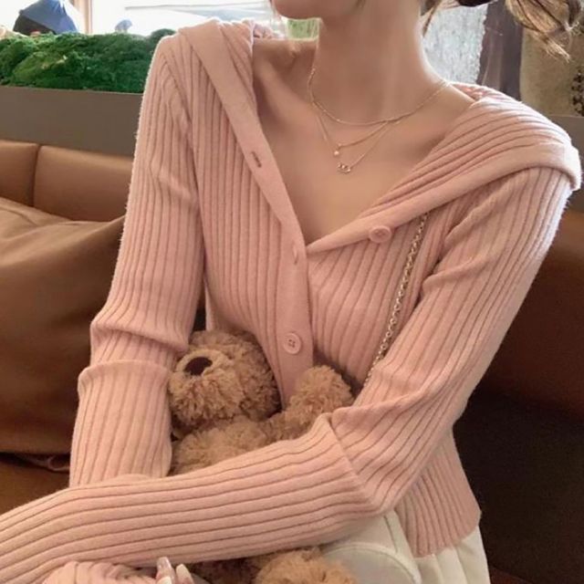 크롭 골지니트 긴팔 후드가디건 NF-1003346