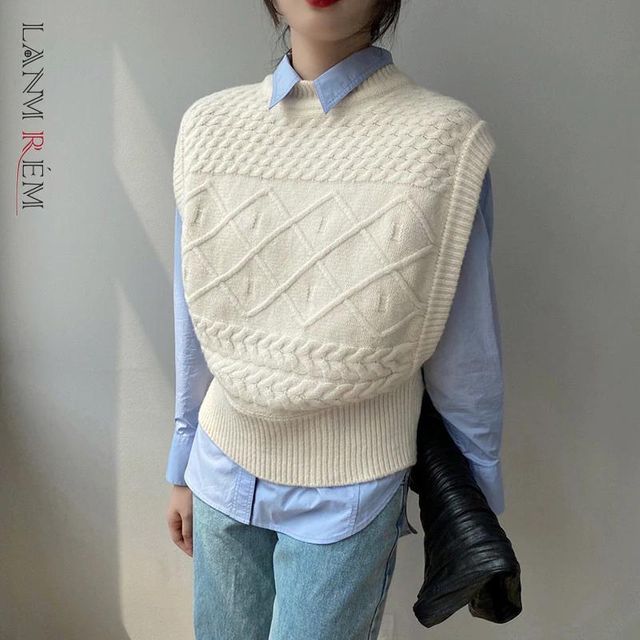 [해외] LANMREM 여성 스웨터 조끼 니트 짧은 느슨한 격자 무