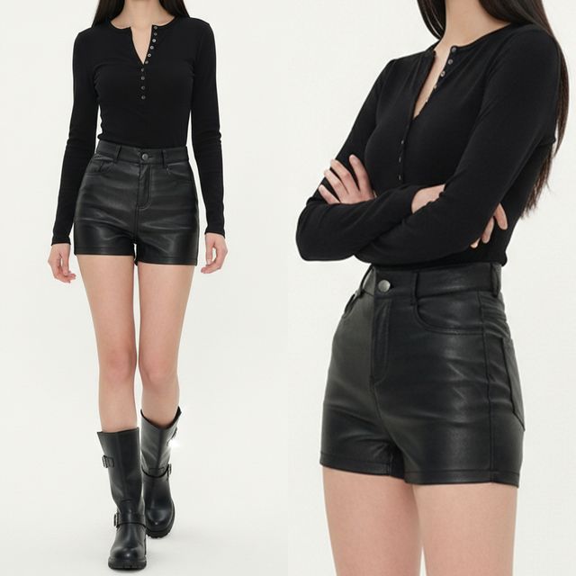 글로시 레더 하이웨스트 스판 숏팬츠 JEB-1006605