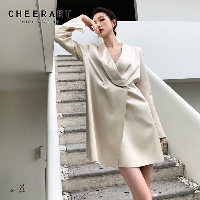 [해외] CHEERART-우아한 새틴 블 여성용 베이지 더블 브레
