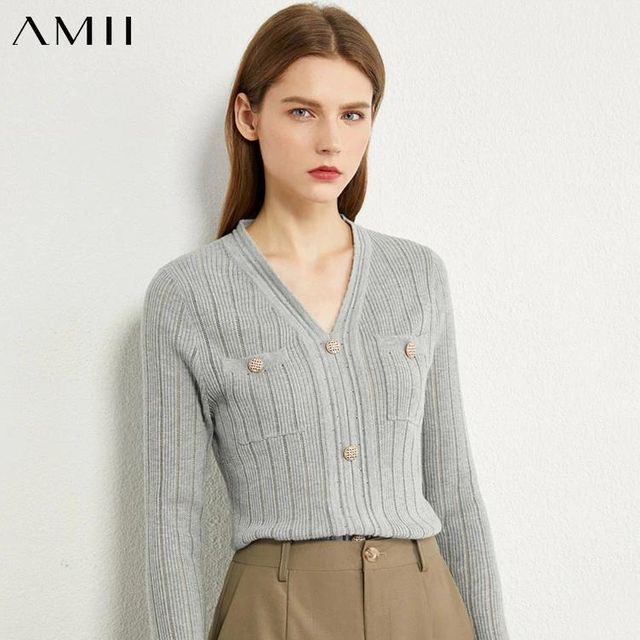 [해외] AMII 미니멀리즘 가을 패션 여성 스웨터 스트라이프 V