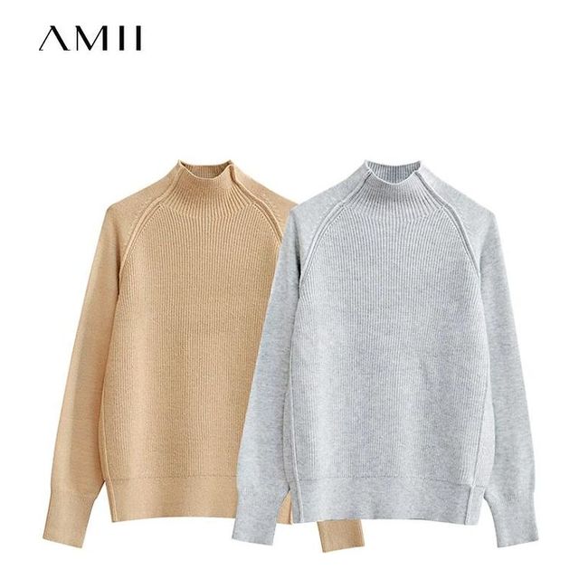 [해외] Amii 미니멀리즘 여성용 겨울 스웨터 모의 목 솔리드