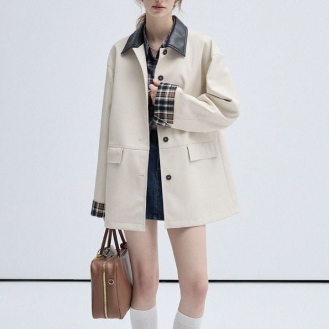 레더 체크 소매 포인트 코트 JSD-1007252